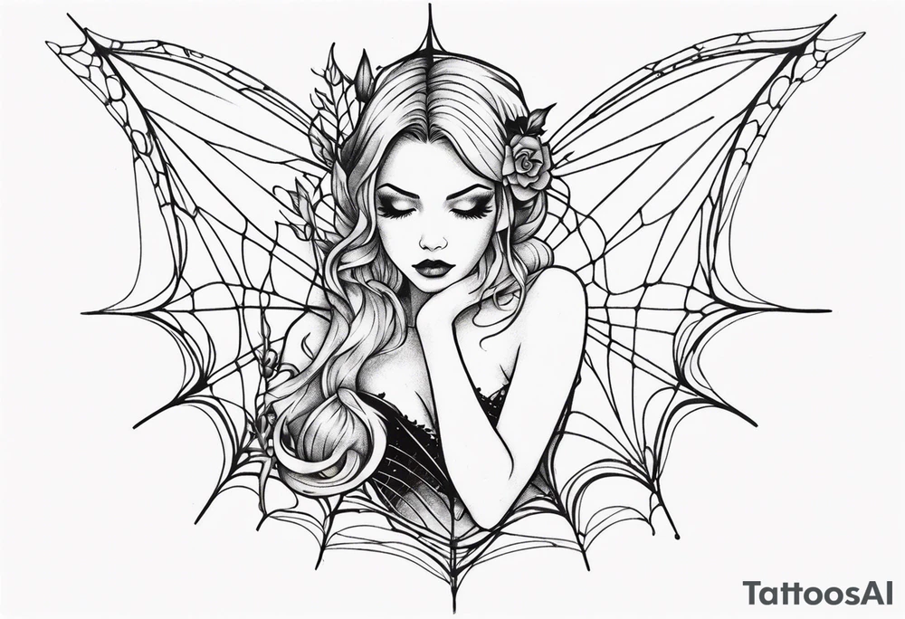 Fairy with bottom half of body wrapped up by spider web tattoo idea