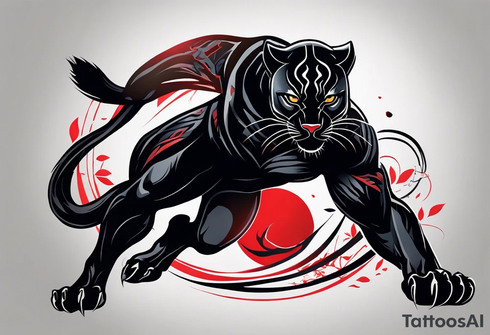 unique black panther tattoo, dynamic pose, showcasing its strength and grace, striking red eyes, intense and captivating elements, artistic flair, blending realism with abstract elements tattoo idea