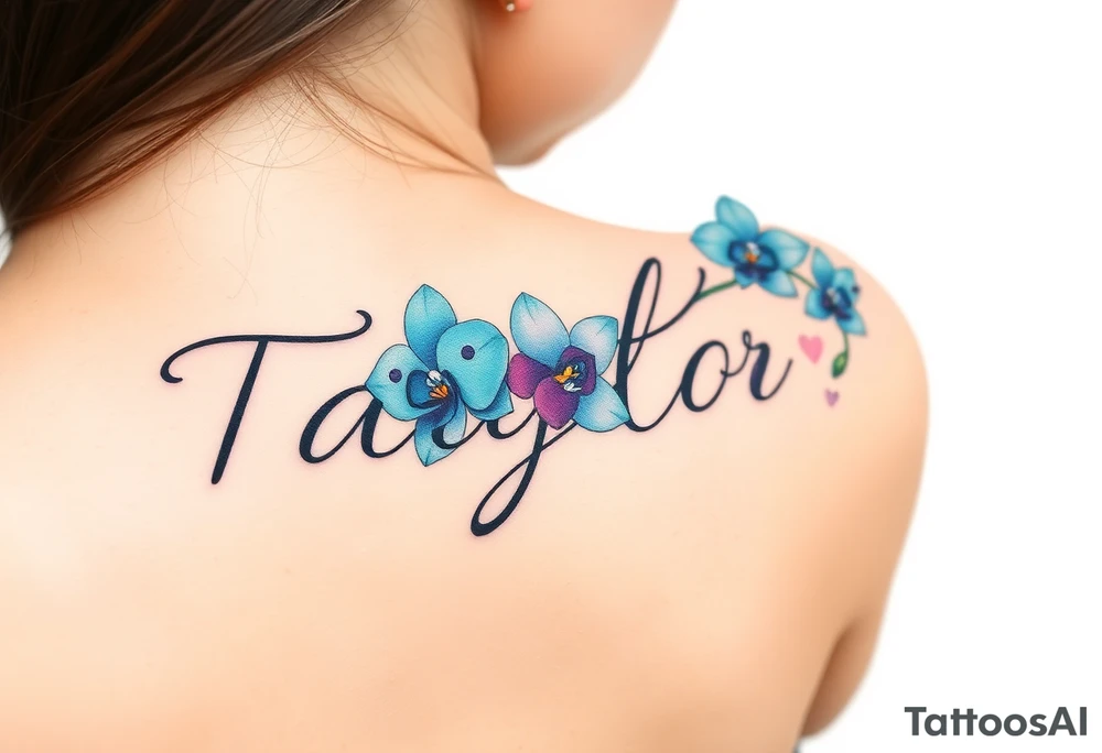 Taiylor spelled going down in a line with a ring as the “o” with hearts and blue orchid flowers behind the ear tattoo idea