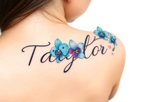 Taiylor spelled going down in a line with a ring as the “o” with hearts and blue orchid flowers behind the ear tattoo idea