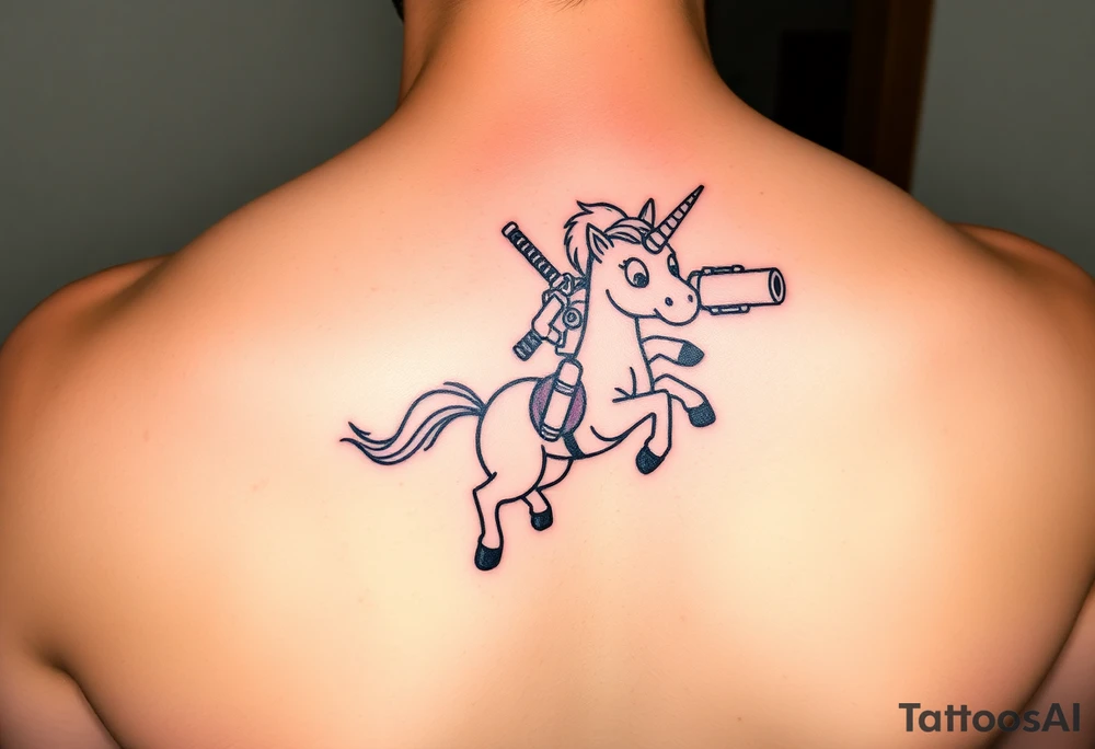 Deadpool riding cartoon unicorn pointing rocket propelled grenade launcher tattoo idea