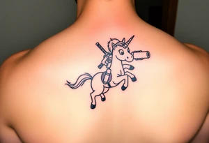 Deadpool riding cartoon unicorn pointing rocket propelled grenade launcher tattoo idea