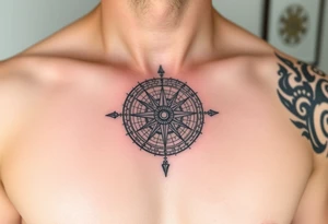 Chest tattoo with Roman stoic theme with sun dial compass tattoo idea