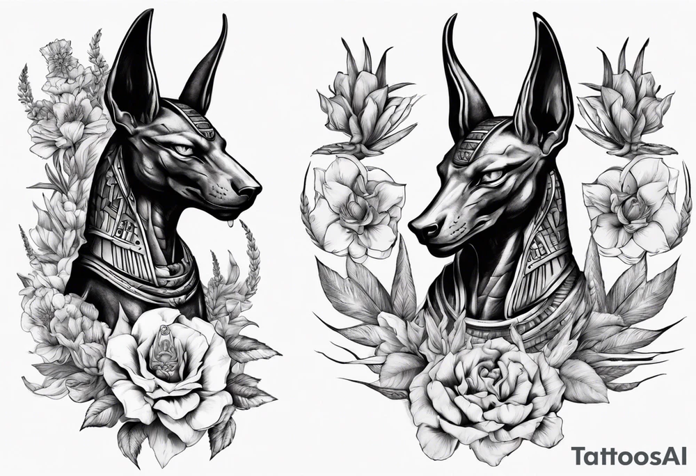 Egyptian god Anubis with Cobras and flowers tattoo idea