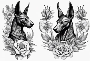 Egyptian god Anubis with Cobras and flowers tattoo idea