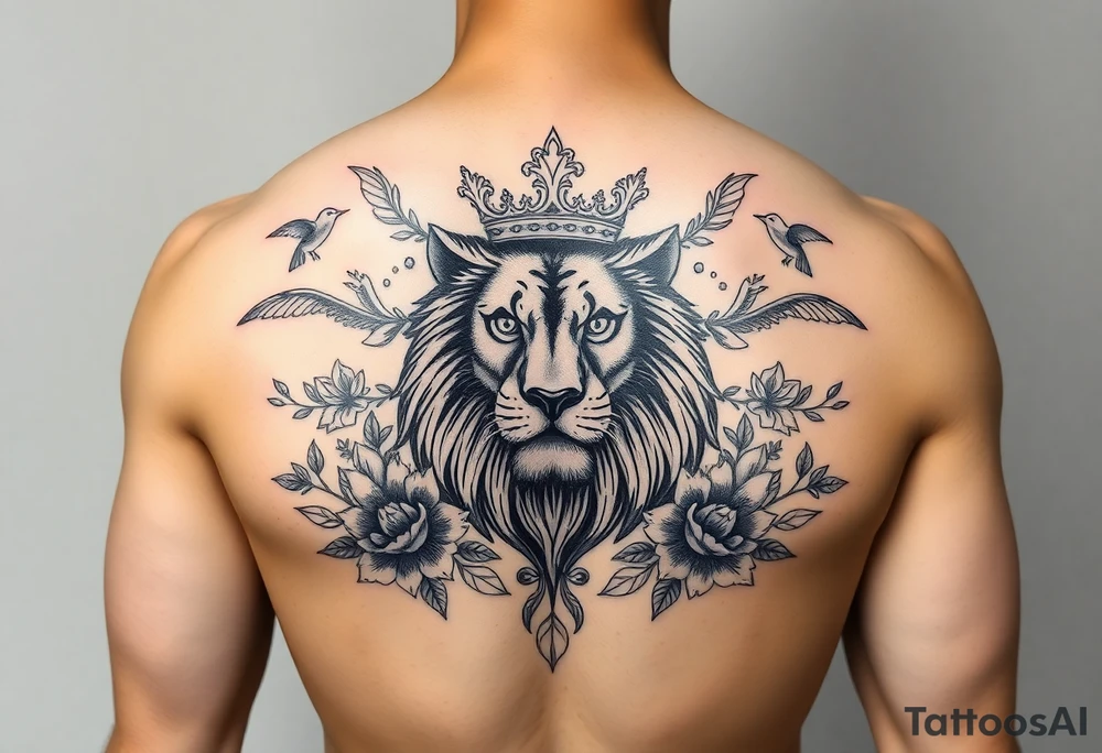 powerful majestic lion with a crown, surrounded by floral ornaments and birds tattoo idea