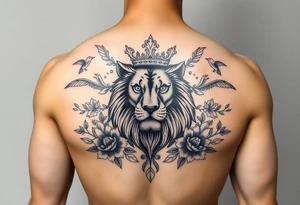 powerful majestic lion with a crown, surrounded by floral ornaments and birds tattoo idea