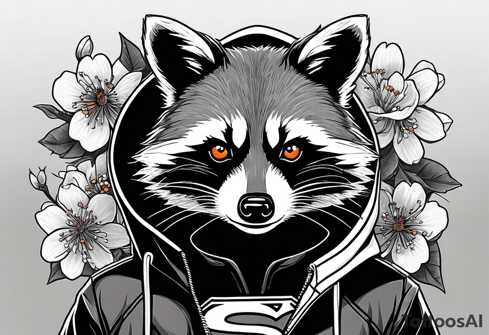 Raccoon wearing a white Superman logo on a black hoodie and orange Japanese cherry blossoms beside tattoo idea