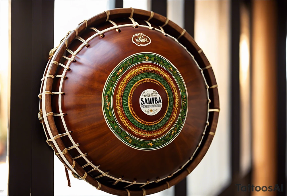 A pandeiro, a traditional Brazilian percussion instrument from pagode music, with the lyrics 'Se alguém perguntar por mim' integrated into the design. The image should evoke a sense of freedom and wandering, as it represents my love for samba and my journey through different countries. The pandeiro should be the central element, with flowing musical notes surrounding it and the lyrics curving around in a handwritten style, all designed to fit as a leg tattoo. Preferably in black and white. tattoo idea