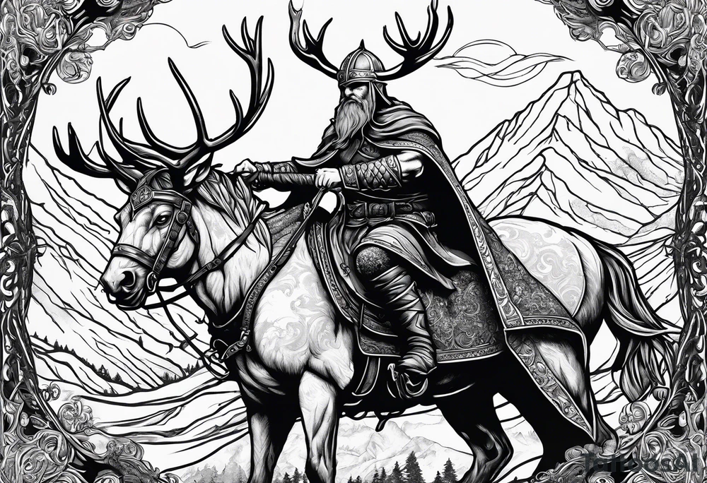 Hooded viking in the land of the dead riding on a raindeer with no face tattoo idea