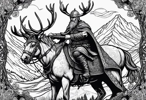 Hooded viking in the land of the dead riding on a raindeer with no face tattoo idea