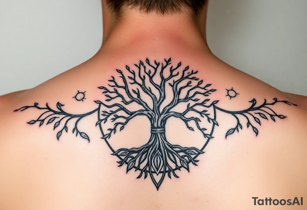 yggadrisl tree of life with circle. Jai , Phoebe, Imogen, Matilda in the circle tattoo idea
