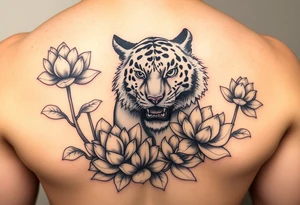 fierce tiger emerging through blooming lotus flowers in mist tattoo idea