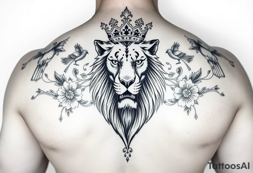powerful majestic lion with a crown, surrounded by floral ornaments and birds tattoo idea