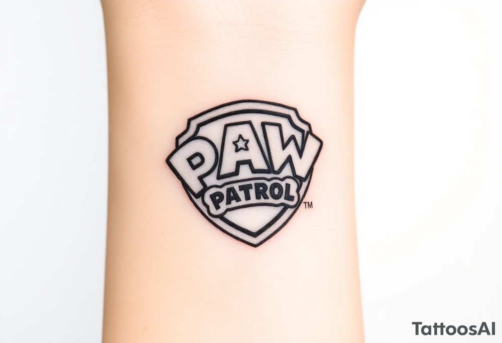 A pentagon-shaped Paw Patrol emblem, in a realistic metallic style with reflective highlights tattoo idea