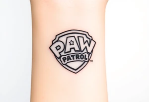 A pentagon-shaped Paw Patrol emblem, in a realistic metallic style with reflective highlights tattoo idea