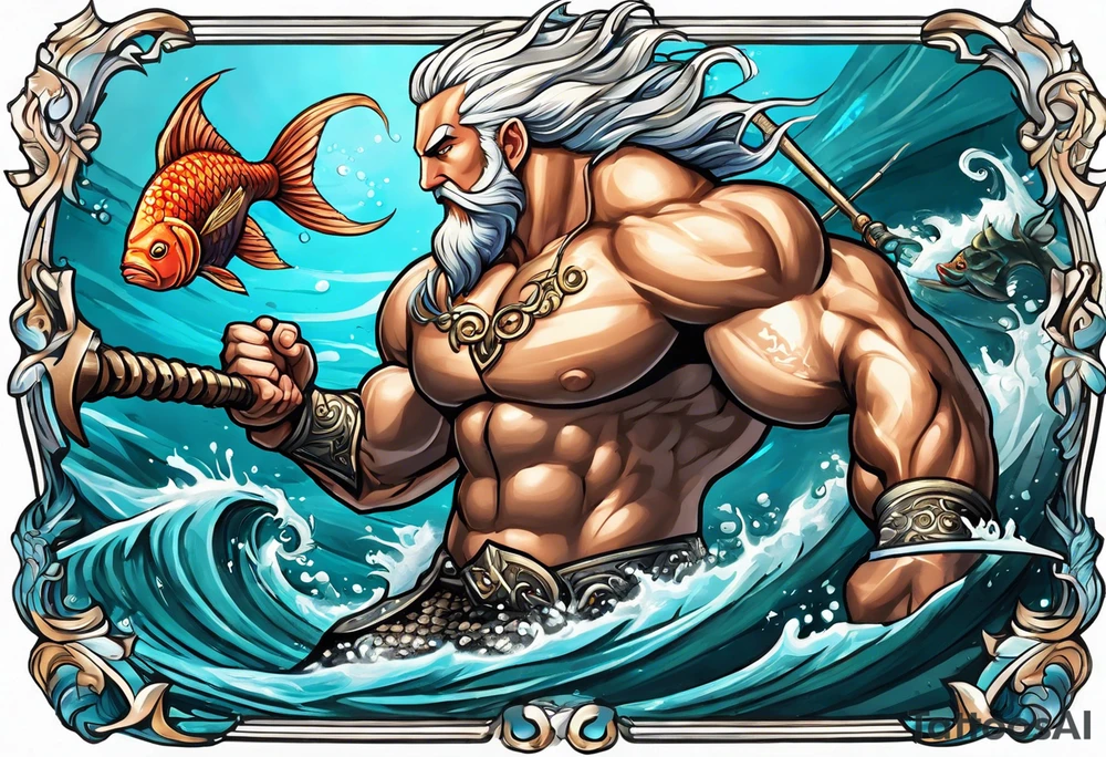 muscular
god 
posideon fighting a sport fish with a trident surrounded by sexy  female 
mermaids tattoo idea