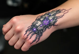 A biomechanical structure starting at the palm in brushed aluminum, surrounded by glowing violet circuitry and torn muscle detail. tattoo idea