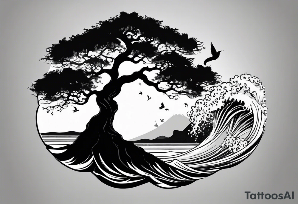 an abstract Tree of Life tattoo. It should have roots growing out of the bottom. The roots slowly turn into water from the Great Wave by Hokusai. A golf flag should be placed discreetly growing out of the ground. 2 license plate tags should be hanging from the tree. Place a few music notes in the areas the leaves should be. The letters A U should be engraving into the tree trunk in a heart. Not inside a circle. The overall shape of the tattoo should be organic. Black and white only. tattoo idea