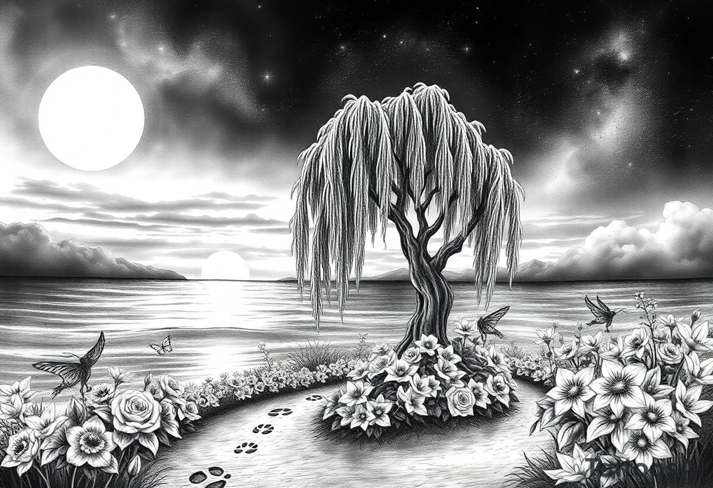 Sunset galaxy. Dark Ocean.  fairies, mermiads, dragons  weeping willow garden with roses and lilies flower beds,,  cat paw prints path in dirt. tattoo idea