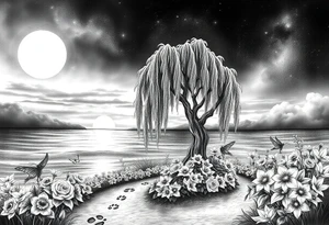 Sunset galaxy. Dark Ocean.  fairies, mermiads, dragons  weeping willow garden with roses and lilies flower beds,,  cat paw prints path in dirt. tattoo idea