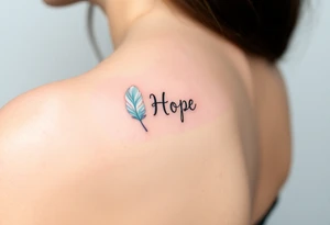 A delicate white and baby blue feather, softly blending into a cloud-like texture, with the word "Hope" inscribed in calligraphy, evoking purity and new beginnings tattoo idea