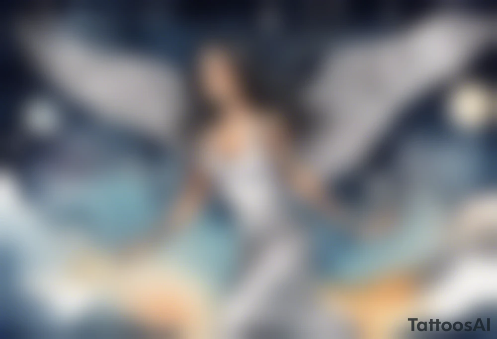 a beautiful 45 year old Dakota woman flying in the night sky with black wings and bare feet tattoo idea