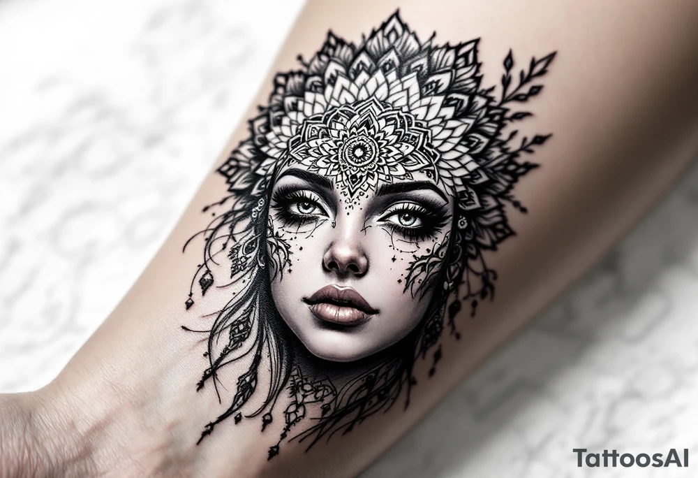 beautiful woman dmt deity eyes white with mandala fully behind head tattoo idea