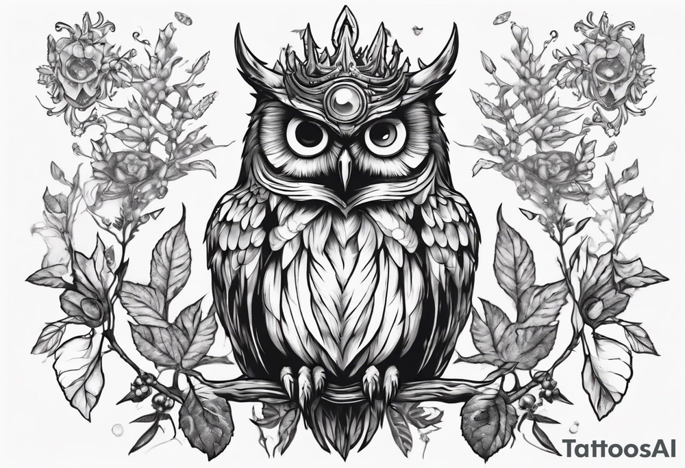 Demon crowned Owl surrounded by poisonous plants, crystals and astrology. tattoo idea