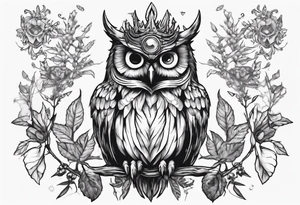 Demon crowned Owl surrounded by poisonous plants, crystals and astrology. tattoo idea
