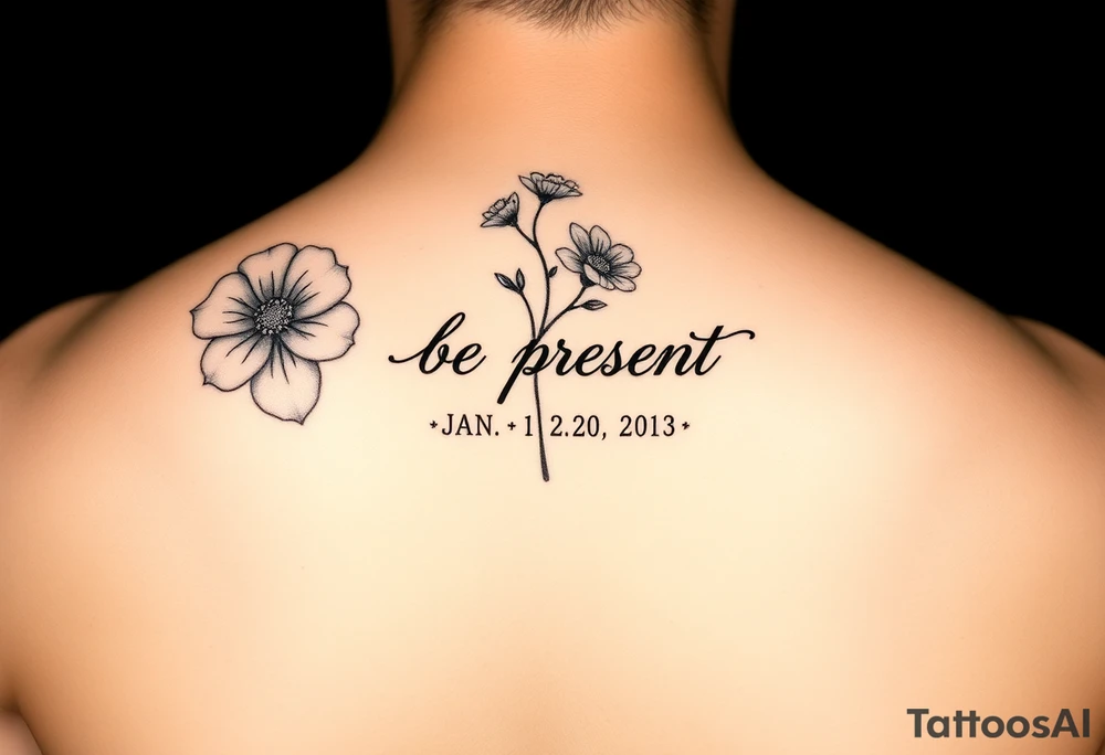 Enso ring with flowers and a stem with writing in cursive that says be present. Incorporate the dates June 2, 2013, March 2, 2016, and January 20, 2021. Also include three stars. tattoo idea