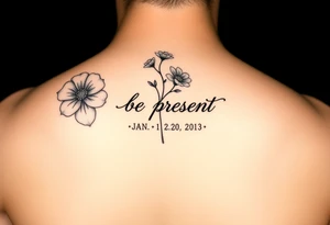 Enso ring with flowers and a stem with writing in cursive that says be present. Incorporate the dates June 2, 2013, March 2, 2016, and January 20, 2021. Also include three stars. tattoo idea