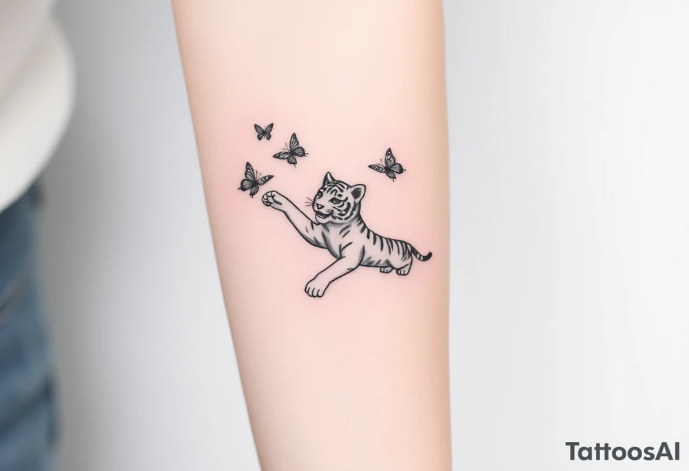 Tiger cub stretching catching 3 butterflies tattoo idea