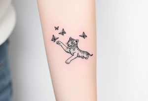 Tiger cub stretching catching 3 butterflies tattoo idea