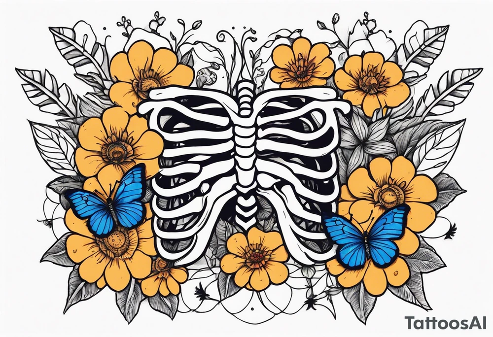 rib bones with flowers surrounding it and butterflies tattoo idea