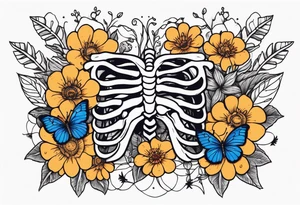 rib bones with flowers surrounding it and butterflies tattoo idea