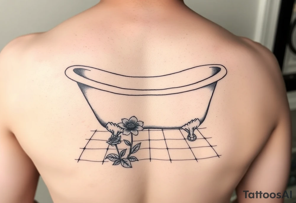 clawfoot bathtub on a tile floor and flower coming up out the floor tattoo idea