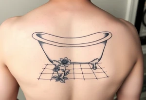 clawfoot bathtub on a tile floor and flower coming up out the floor tattoo idea