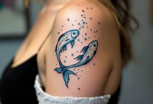The Pisces constellation is dotted with tiny aquamarine stars that flow like water along the spine. tattoo idea