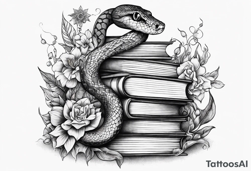 A long tattoo that includes a snake, books, stars and poisonous flowers tattoo idea