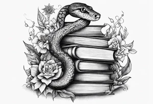 A long tattoo that includes a snake, books, stars and poisonous flowers tattoo idea
