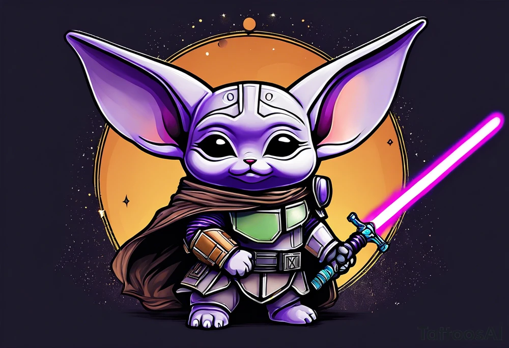 Baby grogu wearing mandalorian armor and a purple lightsaber tattoo idea