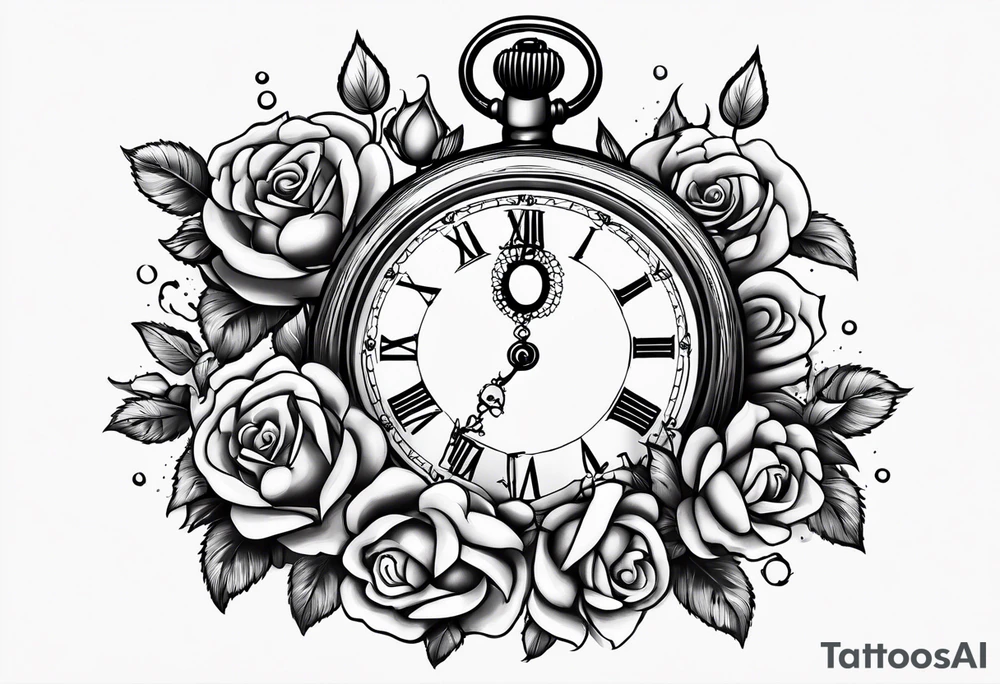 Pocket watch with chain and roses tattoo idea
