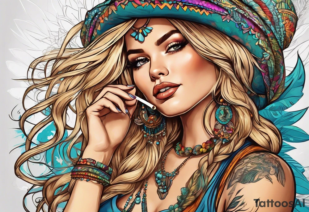 Hippie girl smoking a joint, blond hair, Bell-bottoms, and a big booty tattoo idea