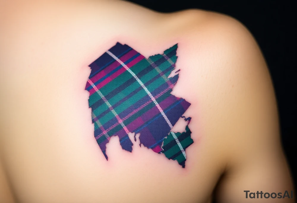 Side of arm Dark Purple with green pink blue and white highlights tartan fabric with skin peeling away at edges tattoo idea