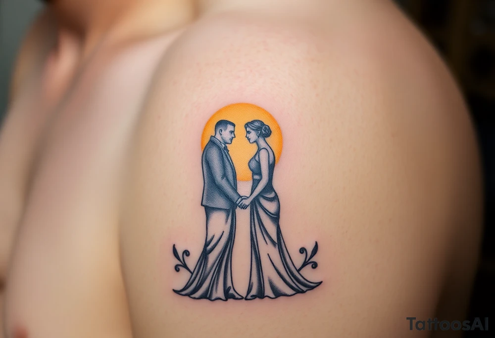 A couple standing at the altar, facing each other, bathed in a golden sunlight glow tattoo idea