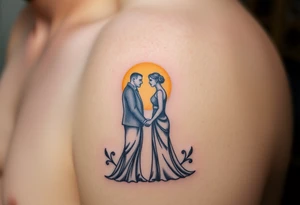 A couple standing at the altar, facing each other, bathed in a golden sunlight glow tattoo idea