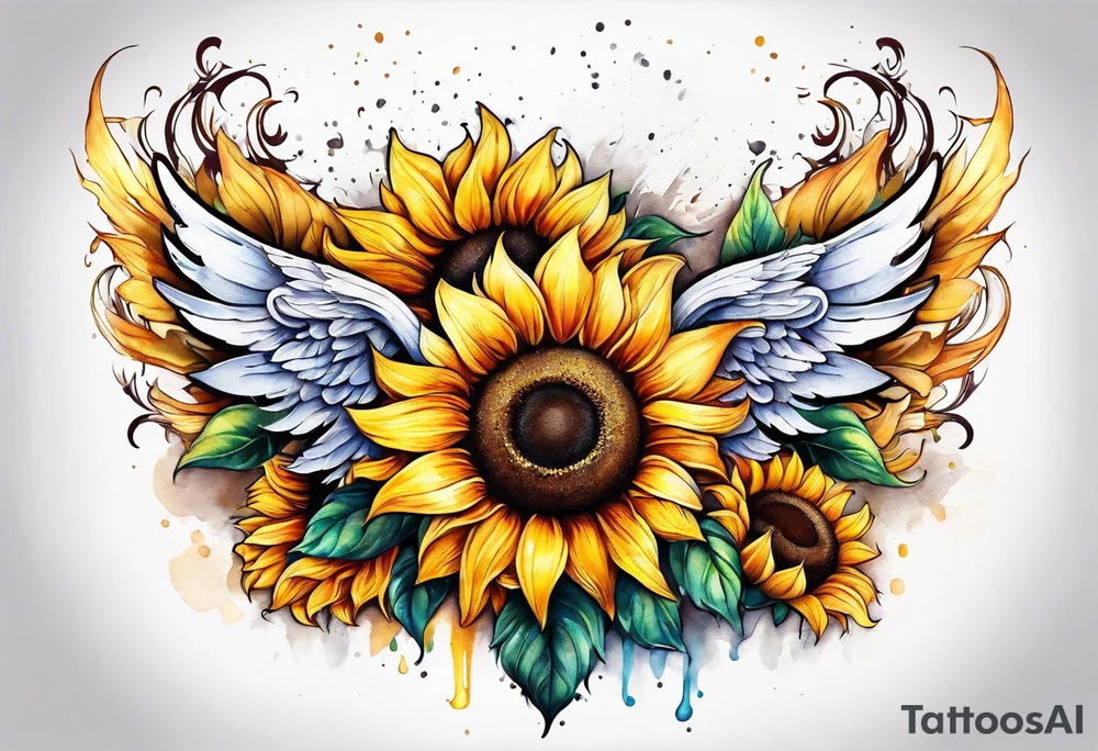 Sunflowers and angel wings leg sleeve tattoo idea