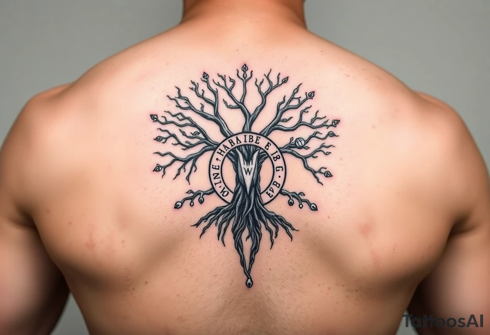 yggadrisl tree of life with circle of runes names Jai, Phoebe, Imogen, Matilda on four branches tattoo idea