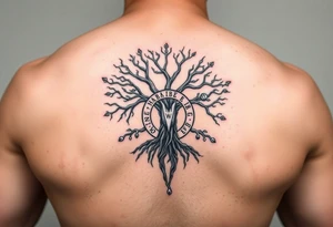 yggadrisl tree of life with circle of runes names Jai, Phoebe, Imogen, Matilda on four branches tattoo idea